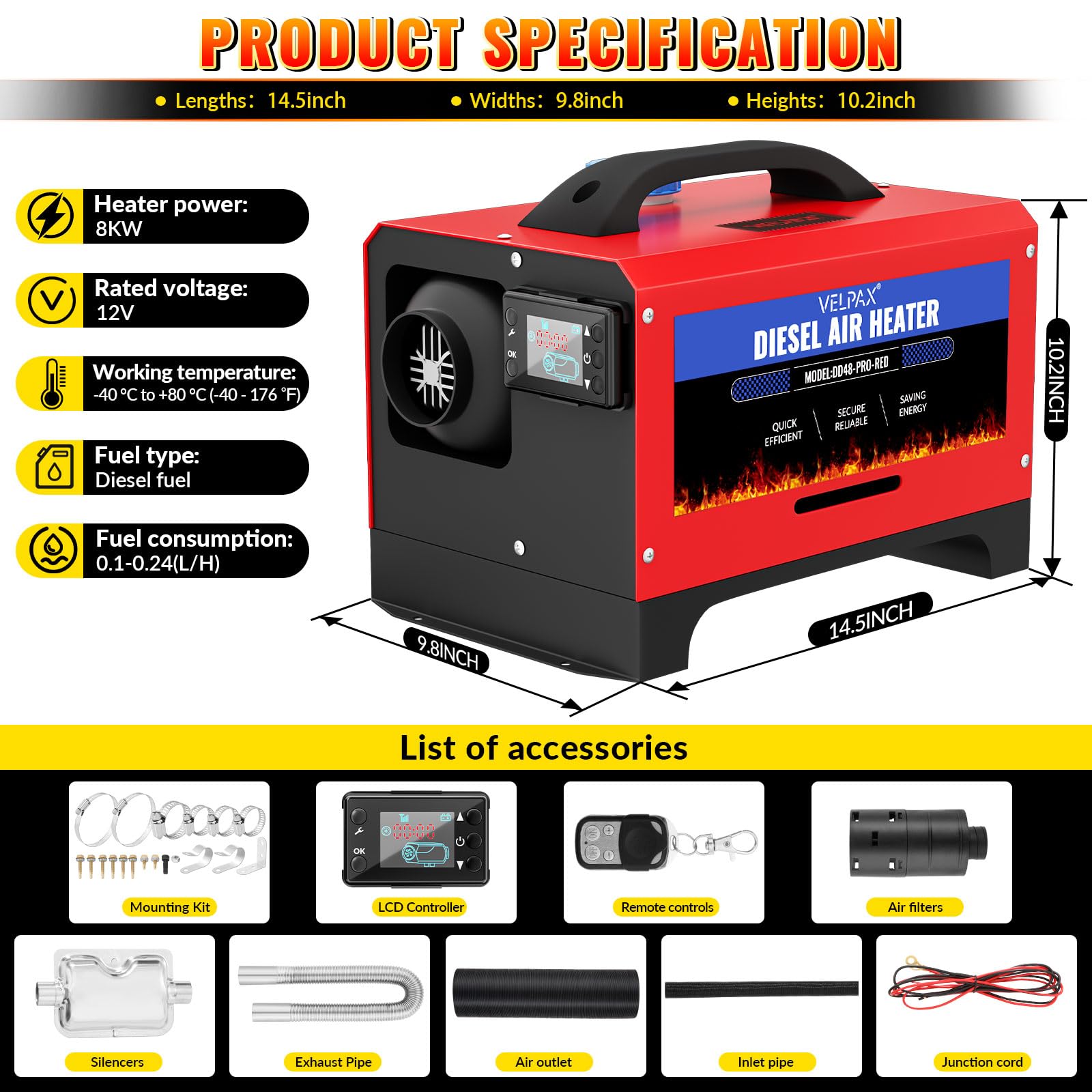 VELPAX Calentador Diésel Portátil Todo en Uno 12 V 8KW,Calentador de Aire Diesel 0,16-0,52 L/h LCD de Control Remoto,Adecuado para automóviles, Camiones, Barcos
