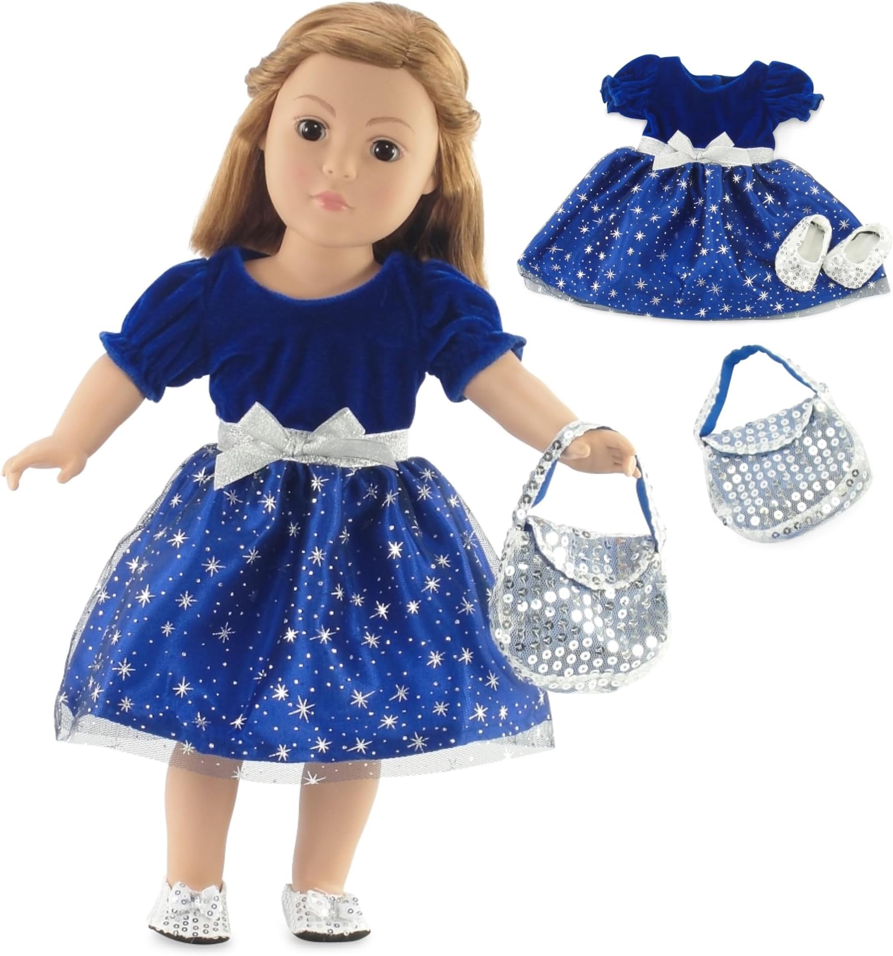 Emily Rose 18" Doll Holiday Dress Set - Midnight Star Sparkly Blue Party Dress with Silver Sequin Shoes & Purse - Premium Gift Boxed Outfit Compatible with American Girl & Most 18 Inch Dolls