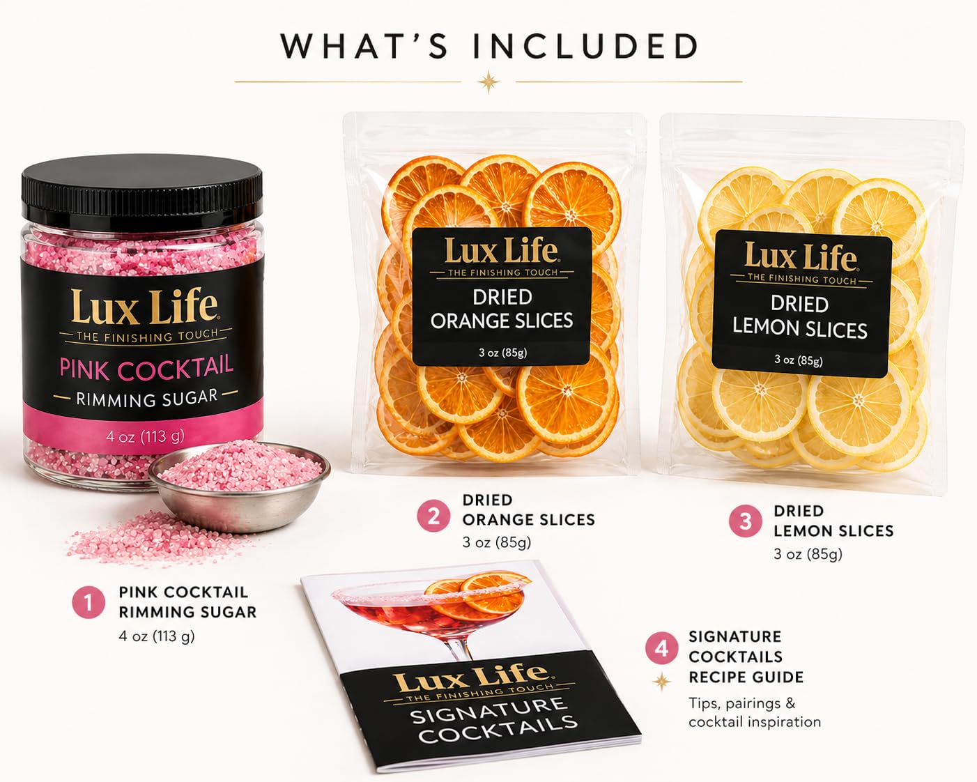 Lux Life Pink Cocktail Rimming Sugar & Dried Citrus Garnish Bundle – Pink Cocktail Sugar, Dried Orange Slices, Dried Lemon Slices & Recipe Guide for Cocktails, Mocktails & Drink Presentation image 4