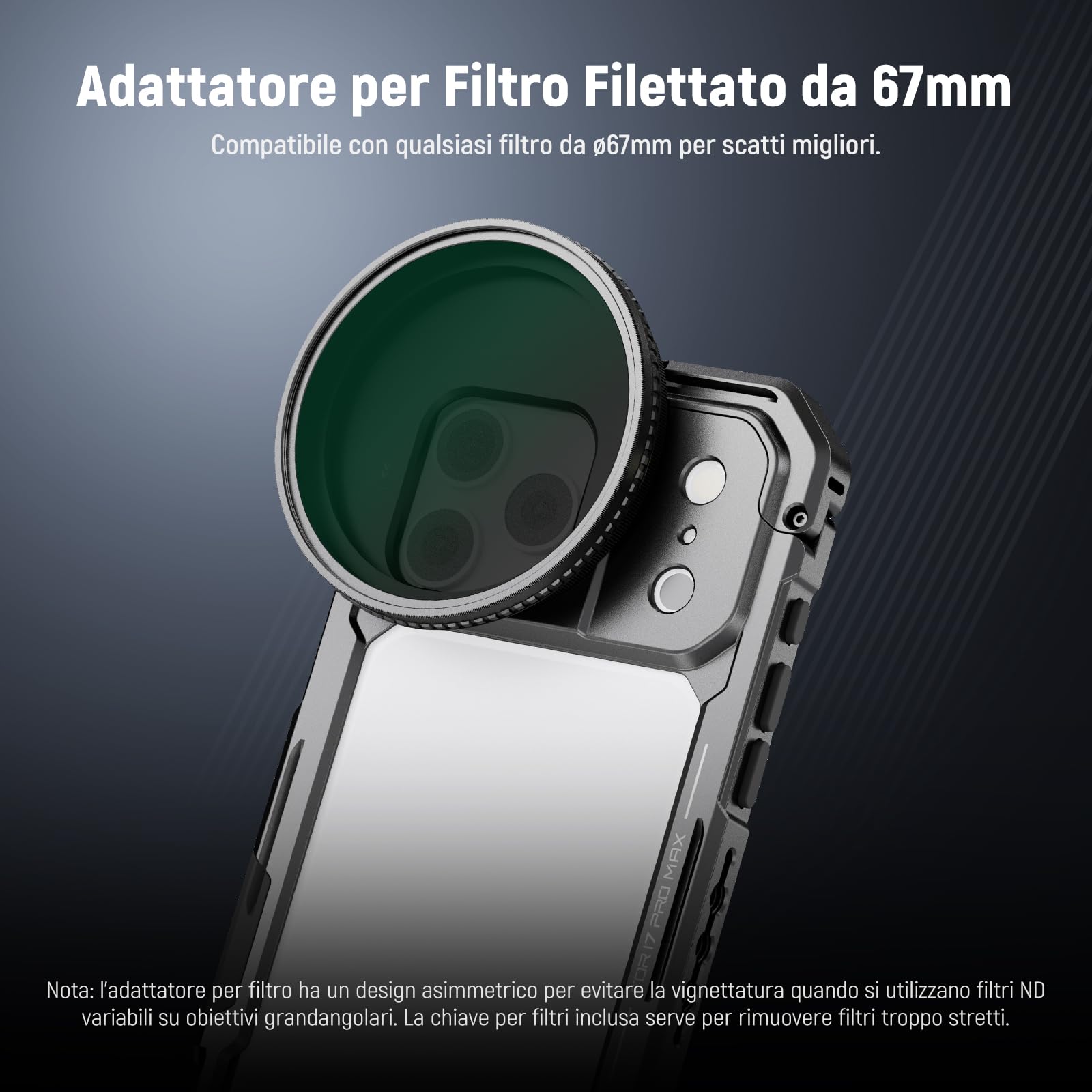 NEEWER Phone Cage Compatibile con iPhone 17 Pro Max, Accessorio Stabilizzatore Video Rig con Anello Filtro da 67mm, Backplate Lenti da 17mm, Adattatore T Mount, 4 Tappi di Controllo, PA144 (Nero)