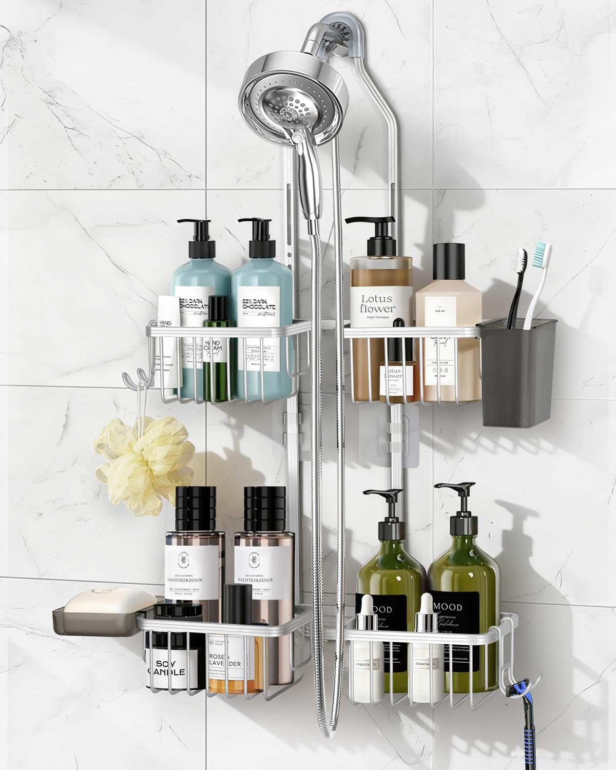 Photo 1 of MSAICOE Adjustable Shower Caddy Hanging for Handheld Showerheads - Never Rust Shower Hanging Organizer, Upgraded Bathroom Shower Rack with Soap Basket, Hooks and Toothbrush Holder (Silver)