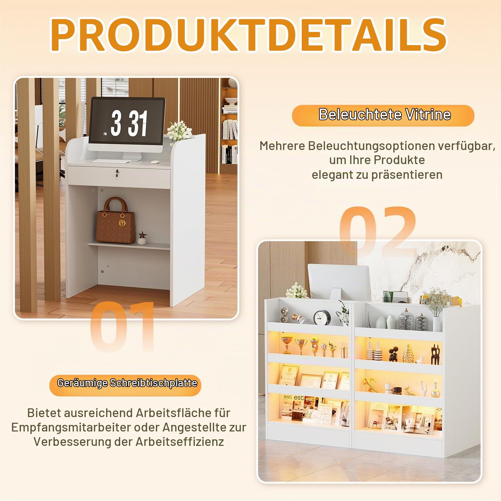 Empfangstheke mit LED-Beleuchtung,Rezeptionstheke Klein Empfangstresen mit Abschließbaren Schubladen & Ausstellungsregal,Moderner Verkaufstheke Rezeptionstisch für Salon Geschäft Hotel Büro 60x60x95cm