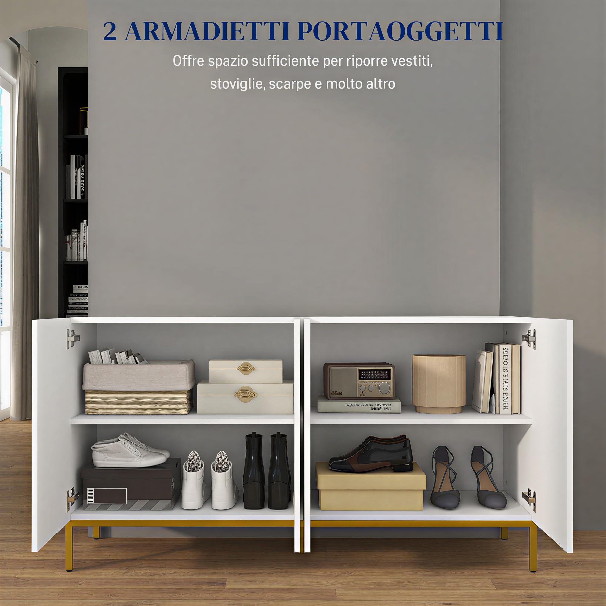 HOMCOM Credenza Moderna con 4 Ante e Mensole Regolabili Mobile da Soggiorno e Salotto con Chiusura Soft Close Bianco e Oro