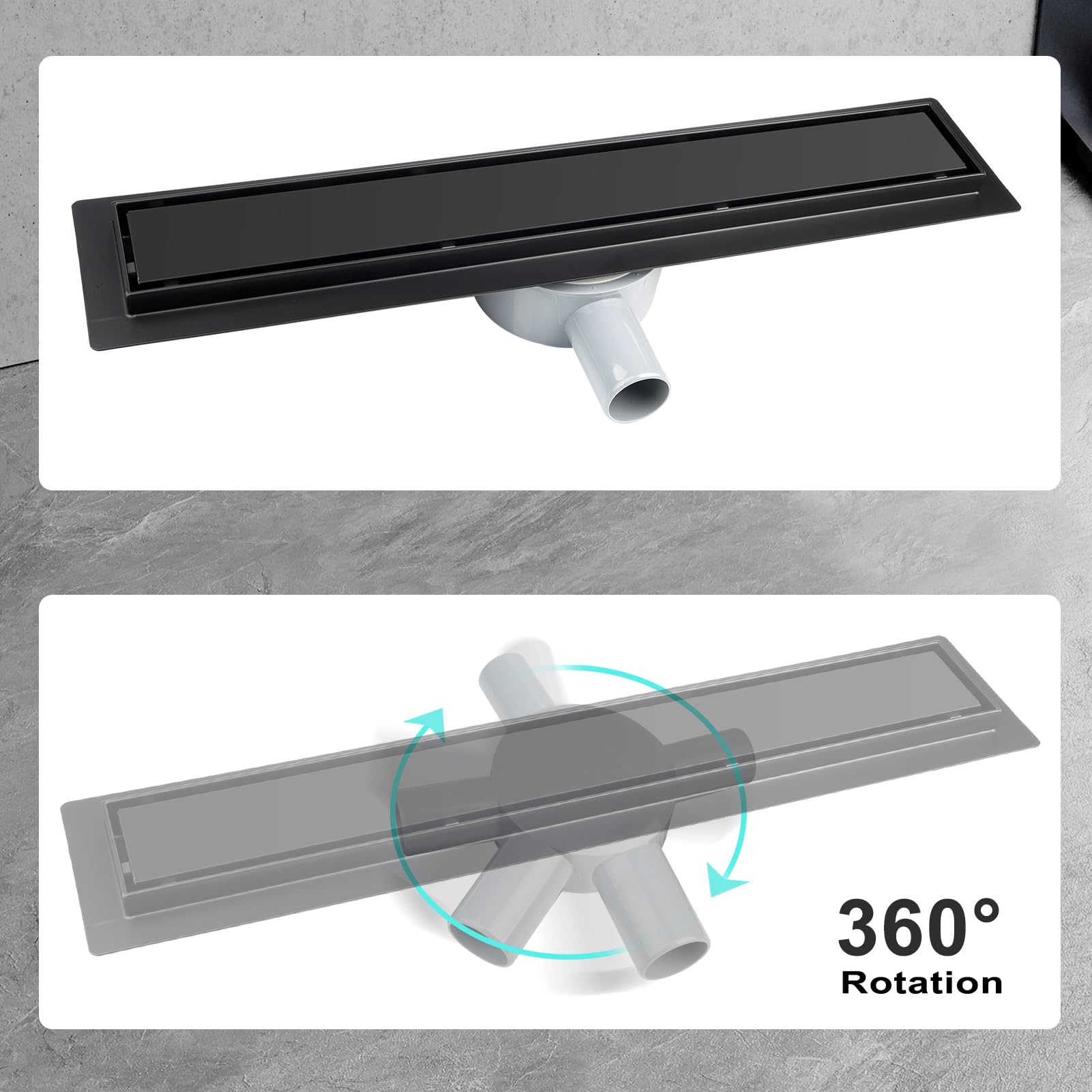 Canaletta Scarico Doccia Nero 40cm 2 in 1 in Acciaio Inox,Scarico Doccia Sifone girevole a 360° con filtro antiodore e filtro per capelli,Canalina Doccia Filo Pavimento