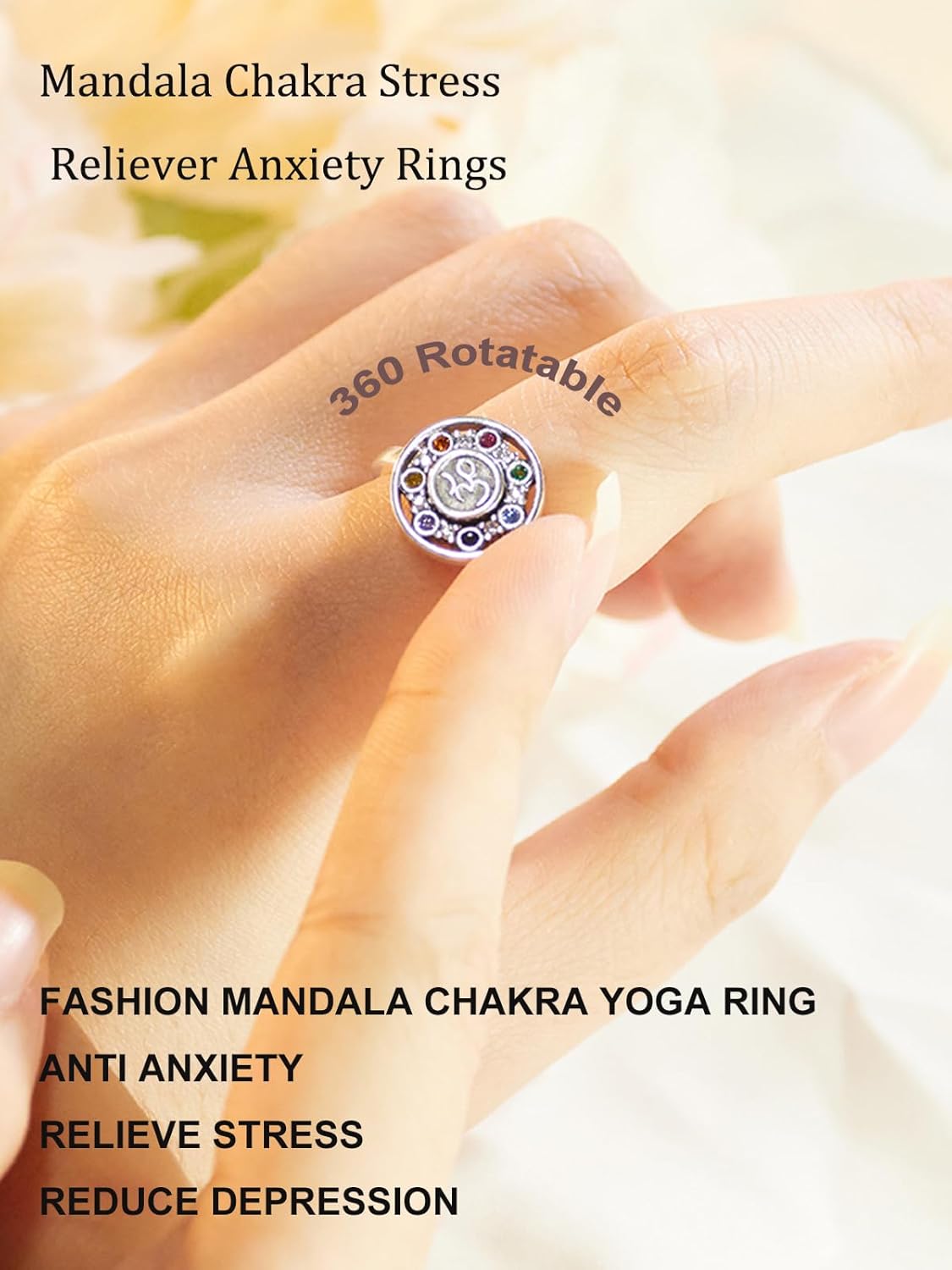 925 Sterling Silver Mandala Chakra Ring Yoga Lotus Flower Rings for Women Healing Crystal 7 Chakra Balance Jewelry Gifts - Image 2