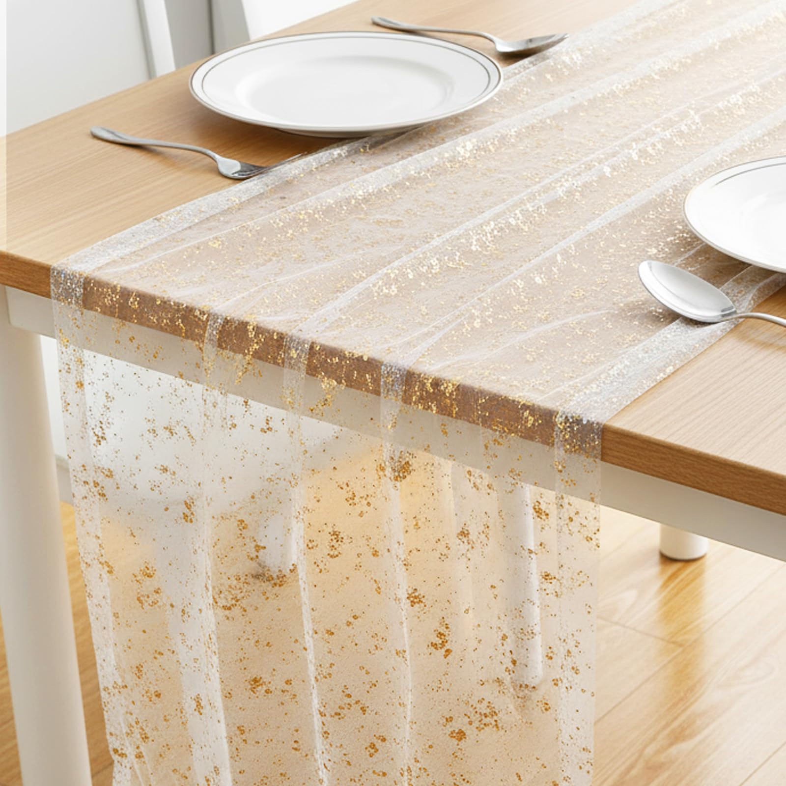 Molain 10FT Gold Table Runner, Gold Foil Glitter Sheer Sequin Dining Runners for Wedding Centerpiece Table Decorations Birthday Christmas Home Centerpiece Dining Event