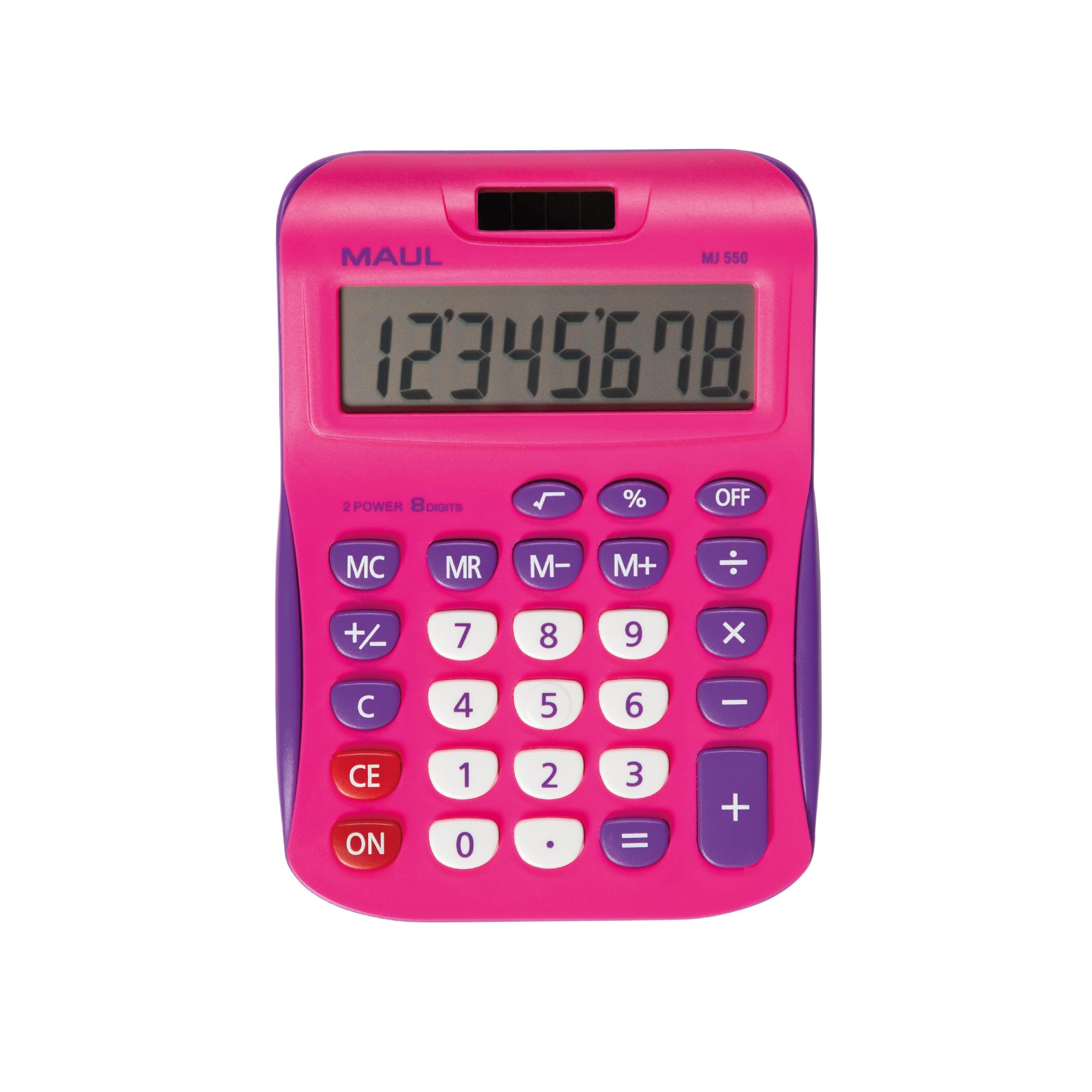 Maul calculadora MJ 450 | Calculadora Rosa con Pantalla de 8 dígitos | Calculadora Solar con utilización de la Pila en la Oscuridad | Calculadora pequeña 15,5 x 11 x 2,5 cm | Rosa