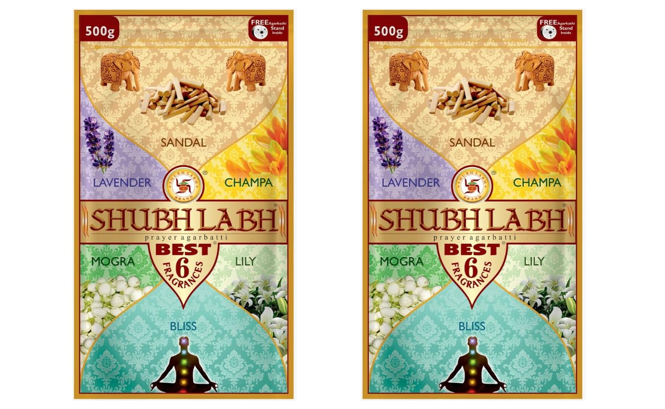 Shubh Labh Assorted Agarbathi/Incense Sticks Zipper (700 Sticks) (1000gm) | Sandal, Lavender, Mogra, Lilly, Bliss, Champa |Flower Incense Sticks |45–50 Burn| Agarbati for Pooja |500 Gm Each|Pack of 2