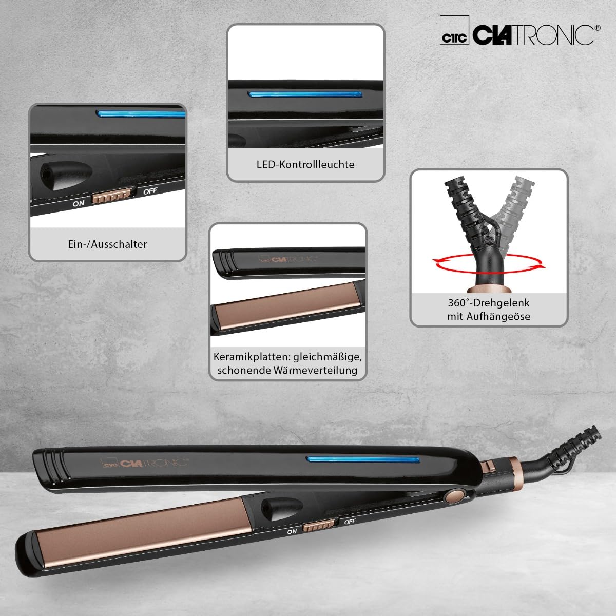 Clatronic HC 3660 prostownica do włosów, płytki ceramiczne, funkcja jonizacji dzięki powłoce turmalinowej, lampka kontrolna LED