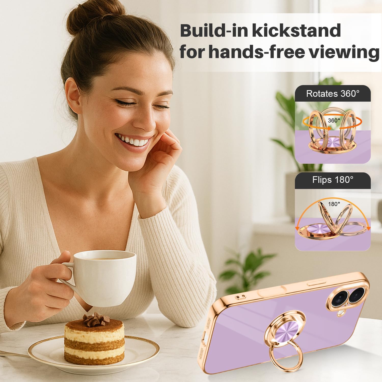 Dinick Designed for iPhone 17 Case with Ring Holder Soft TPU Bumper Glitter Plated Slim Cover for Women Men Finger Stand for iPhone 17 Case Purple and Gold - Image 5