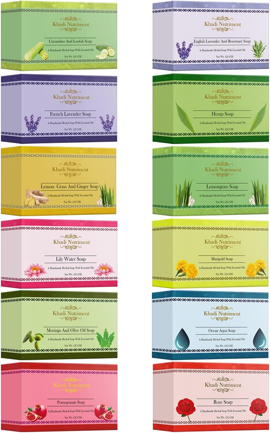 Khadi Nutriment Cucumber Lavender & Rosemary French Lavender Hemp Lemongrass-Ginger Lemongrass Lily Water Marigold Moringa-Olive Oil Ocean Auqa Pomegrante-Potato & Rice Soap 125gm Set 12