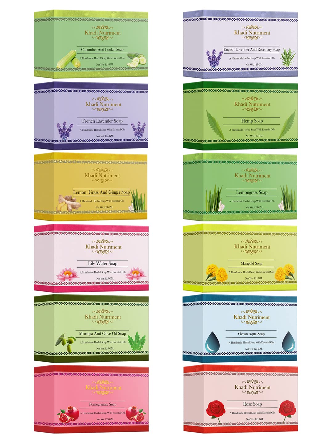Khadi Nutriment Cucumber Lavender & Rosemary French Lavender Hemp Lemongrass-Ginger Lemongrass Lily Water Marigold Moringa-Olive Oil Ocean Auqa Pomegrante-Potato & Rice Soap 125gm Set 12