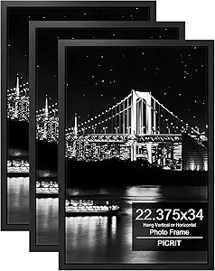 Picrit 22.375x34 Picture Frame 3 Pack, Black Poster Frame, Display Poster 18 x 24 with Mat or 22.375 x 34 without Mat for Horizontal or Vertical Wall Mounting