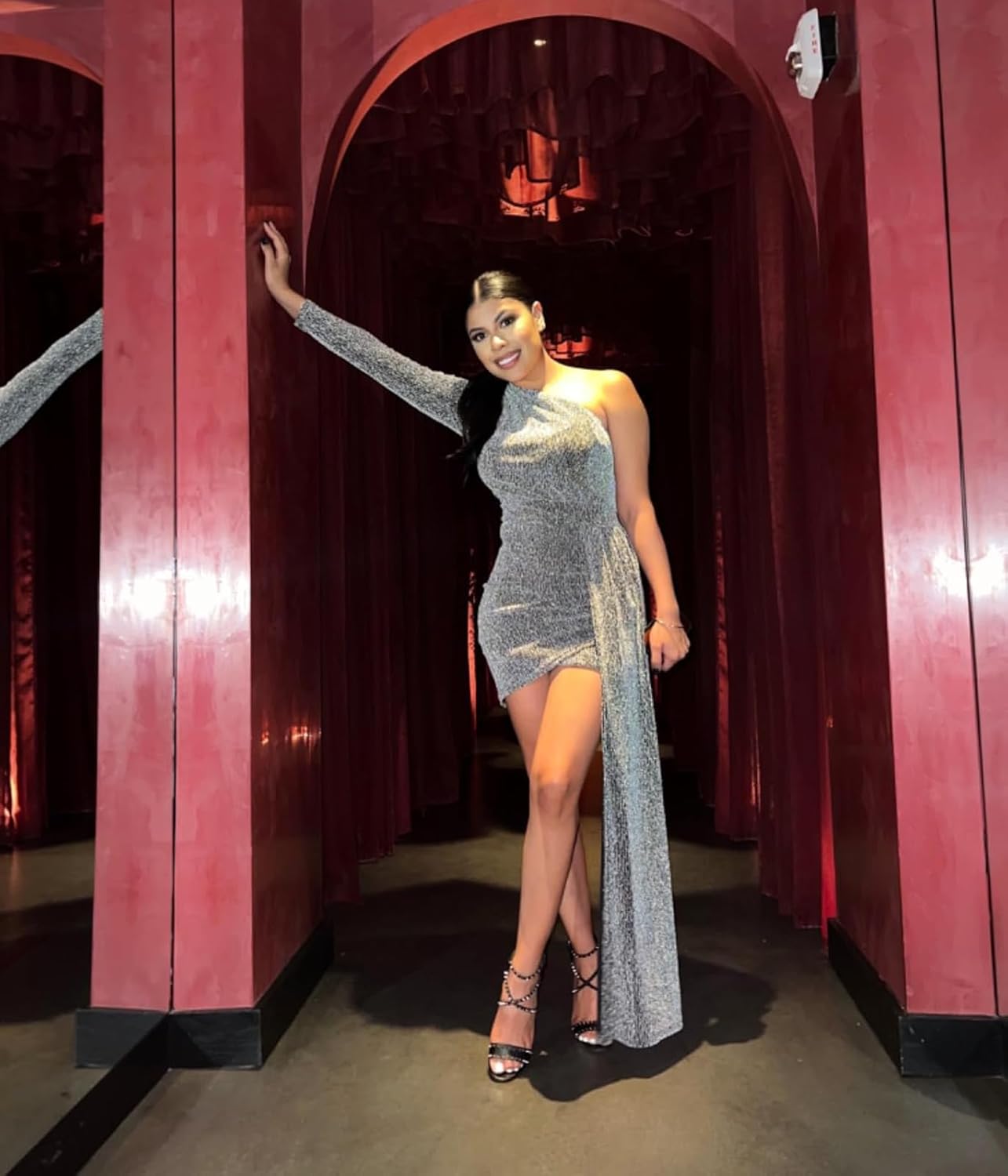 HugeNice Women's Elegant One Shoulder Mini Dresses Long Sleeve Wrap Sparkly Club Party Evening Dress - Image 4