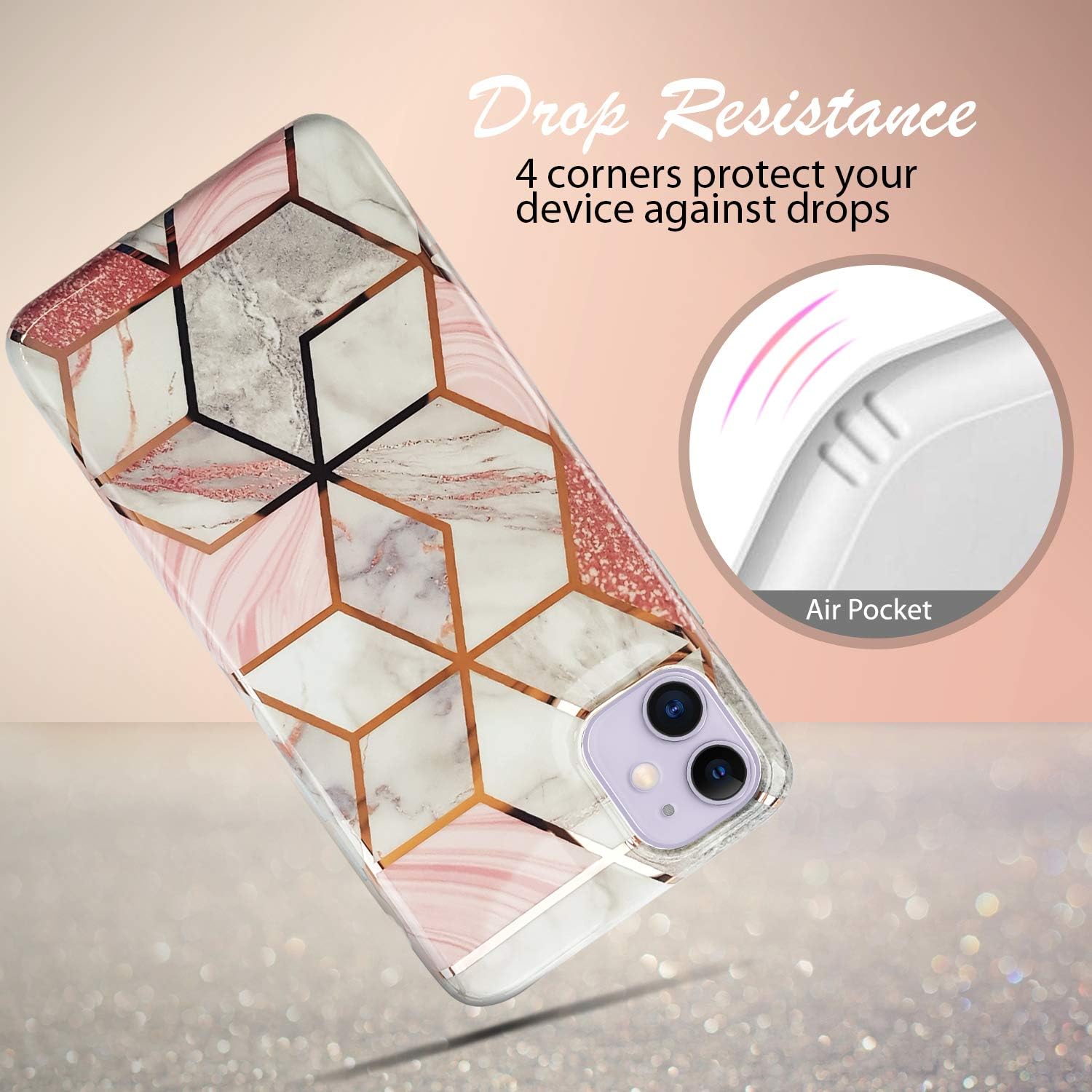 Coolwee Compatible with iPhone 11 Case Marble Slim Fit Bling Glitter Sparkle Bumper Foil Stripe Cute Design Glossy Finish Soft TPU Girls Women Protective Cover for Apple iPhone 11 6.1 inch Rose Gold