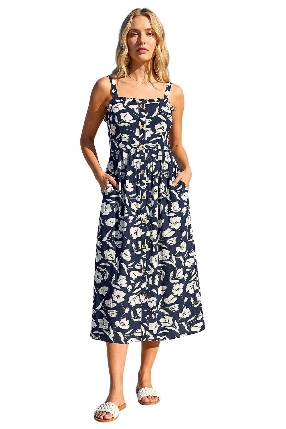 Roman Women's Navy Floral Print Midi Sundress In Size 16