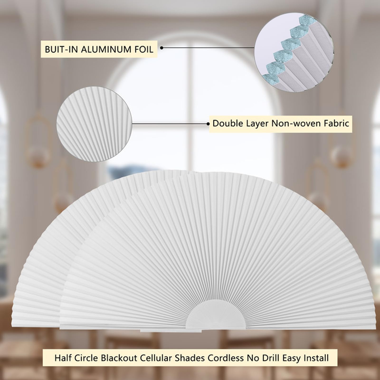 Tenda ad arco, oscurante, cellulare, semicerchio, copertura per finestra, senza trapano, a nido d'ape, senza fili, per interni, oscurante, facile da installare, blocco della luce (1, bianco, 183 x