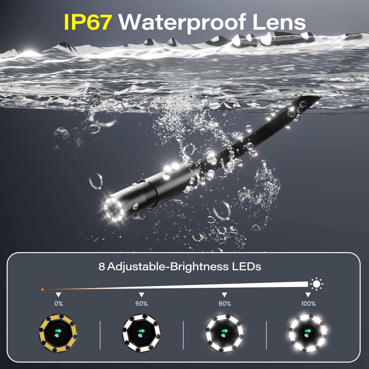 Caméra endoscopique portative avec écran IPS 4,3 Pouces – Câble Semi-Rigide 5m avec 8 LEDs, étanche IP67 pour réparation Automobile, Inspection de plomberie, HVAC – sans Wi‑FI ni Application