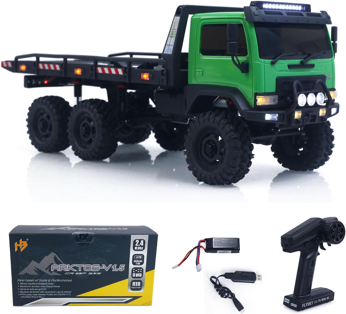 1/18 Remote Control Flatbed Truck 6 * 6 Electric RC Off Road Vehicle Model Metal Chassis Gear Light System Radio Hobby Grade Model for Ages 14+(Green)