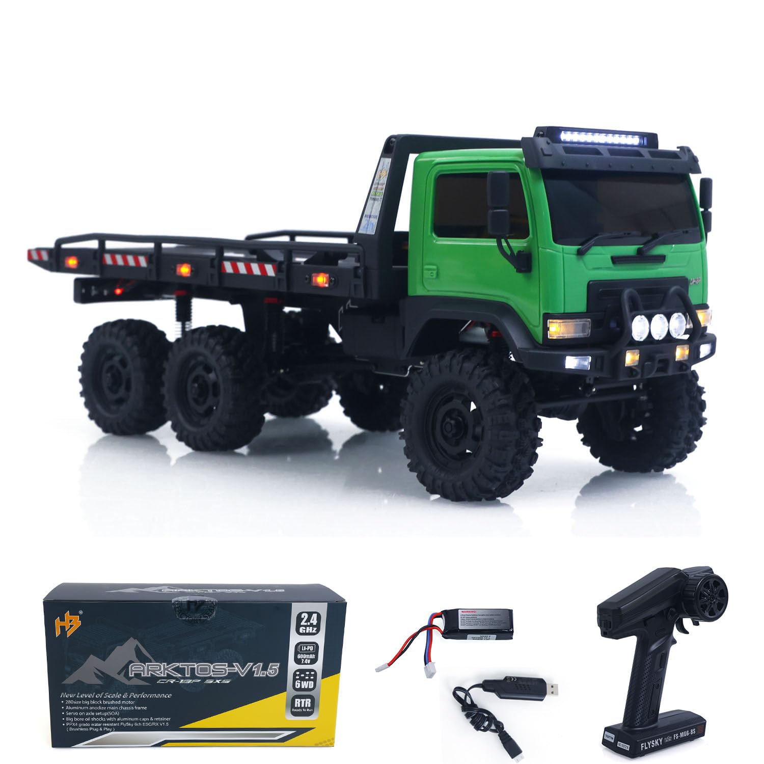 wheelfun 1/18 Remote Control Flatbed Truck 6 * 6 Electric RC Off Road Vehicle Model Metal Chassis Gear Light System Radio Hobby Grade Model for Ages 14+(Green)