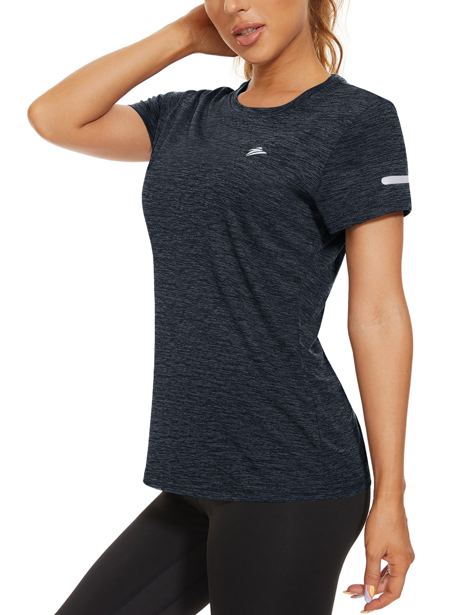 KEFITEVD Melange Sportshirt Damen Kurzarm mit Reflexstreifen Atmungsaktiv Stretch Funktionsshirt Rundhals Leicht Tshirt Schnelltrocknend Laufshirt Regular Fit