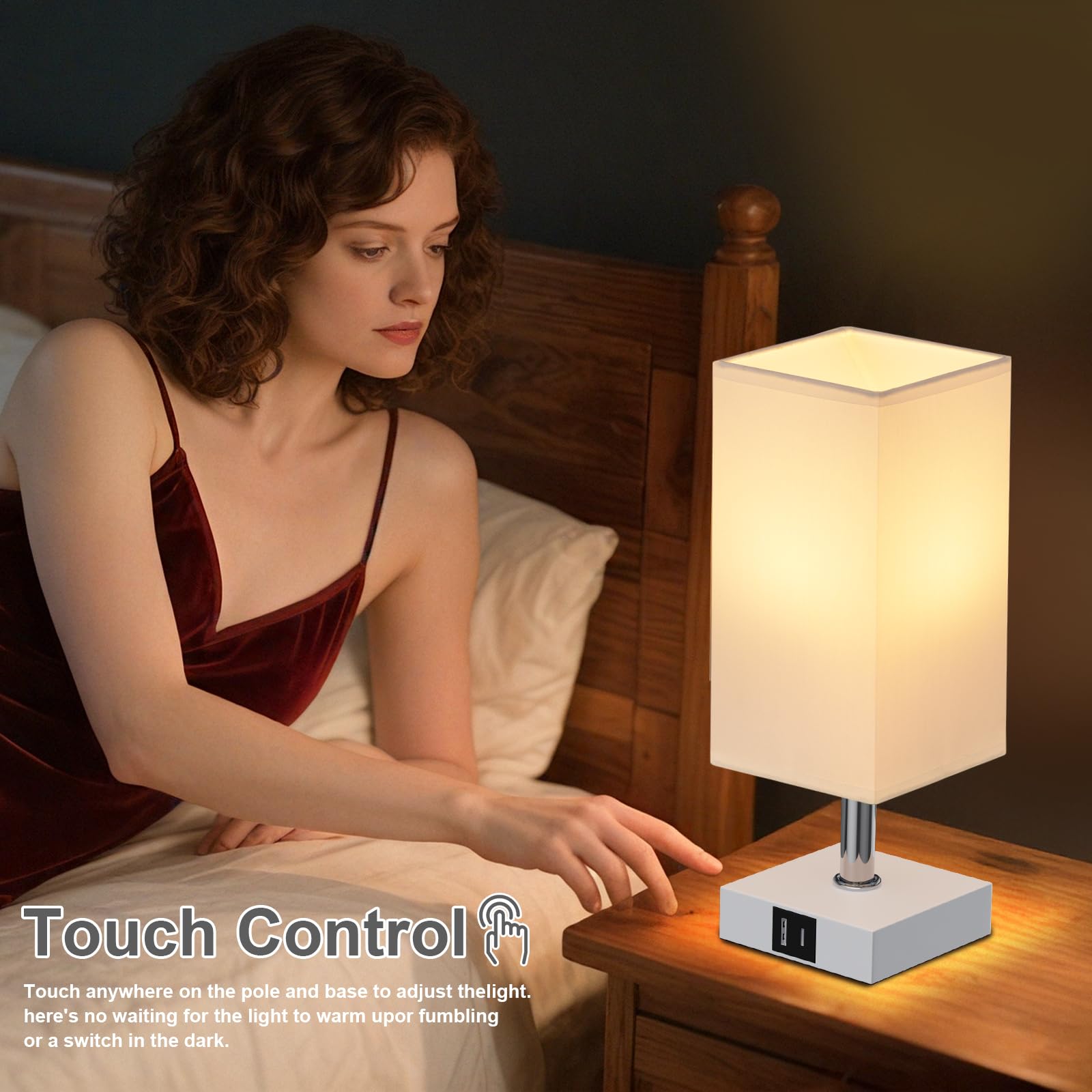 Ambimall Lampa stołowa ze sterowaniem dotykowym z portami ładowania USB A+C – 3-kierunkowe lampy dotykowe przy łóżku, lampka nocna do sypialni, salonu, przedszkola, żarówka LED w zestawie (biały