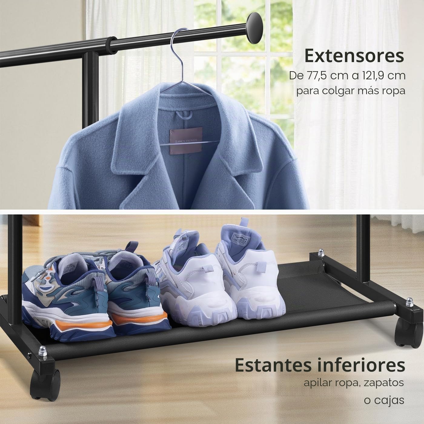 MISSLO Perchero corto para colgar ropa con estantes inferiores y ruedas, perchero resistente con ruedas para abrigos de adultos, armario, armario (negro)