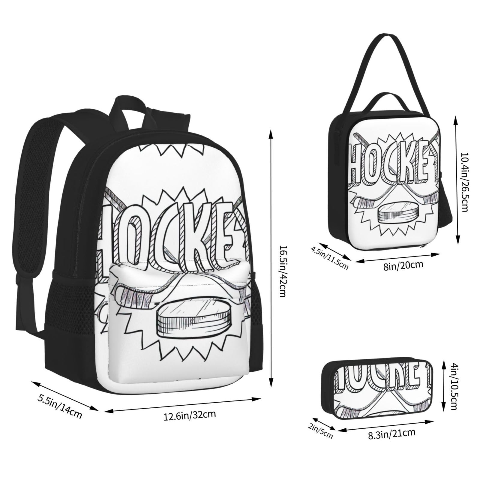 Sac à dos de grande capacité pour crosse de hockey - Sac à déjeuner, trousse à crayons - Ensemble de 3 pièces, pour l'école secondaire, Hockey, Taille unique