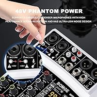 Vista 5 de BOMGE Mini mezclador de audio Bluetooth DJ de 4 canales con efectos, interfaz USB, grabación estéreo, alimentación fantasma de 48 V para PC, Blanco