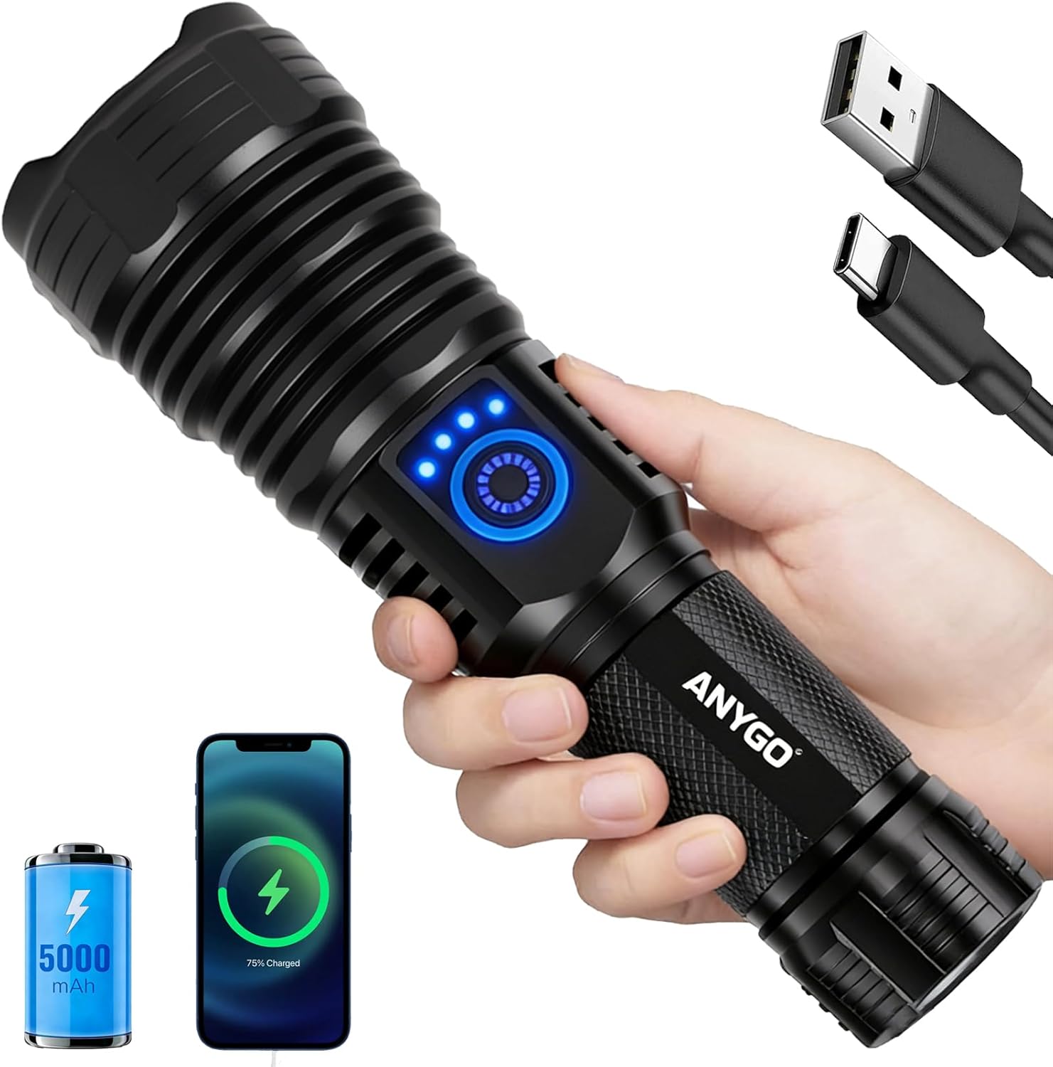 Rechargeable Flashlights 11000 High Lumens, Ultra Bright LED Flashlight USB C Fast Charging, High Powered Handheld Tactical Light with 5000mAh Battery, 5 Modes, Gift for Men LED Flashlight