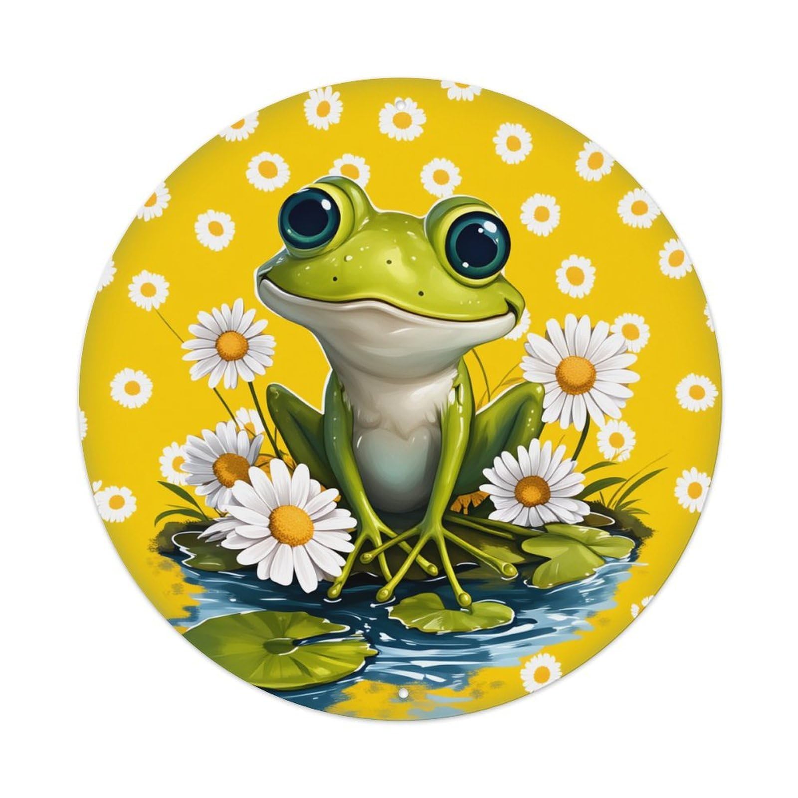 Frog Daisy Water Lily Yellow Round Tin Sign Vintage Metal Poster, Home Bar Garage Man Cave Cafe Indoor & Outdoor Wall Decoration 8x8Inches