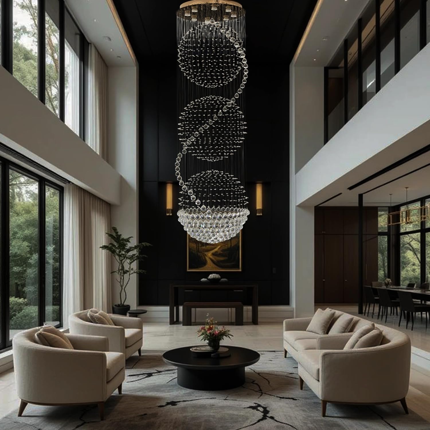 Harold Electricals 3S Long Crystal Chandelier | Staircase Ceiling Light Flush Mount | Modern Light Fixture for Hallway, Living Room, Hotel & Entryways - 2.5ft (Dia) X 10ft (Height) Chrome Plate