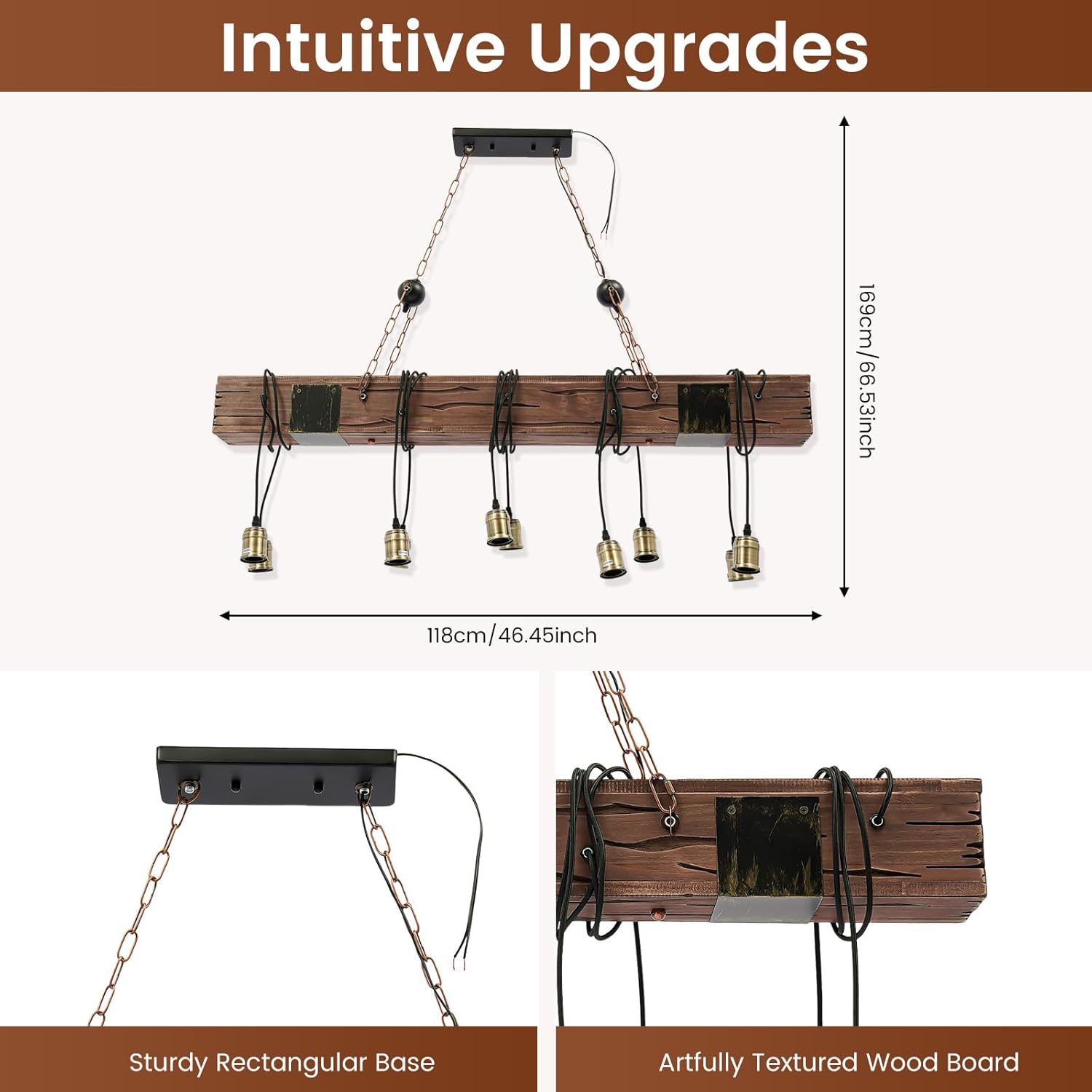10-Lights Wood Hanging Light Lantern, Retro Rustic Pendant Light Farmhouse Chandelier Industrial Suspension Light for Dining Table, Vintage Kitchen, Bar, Island, Billiard