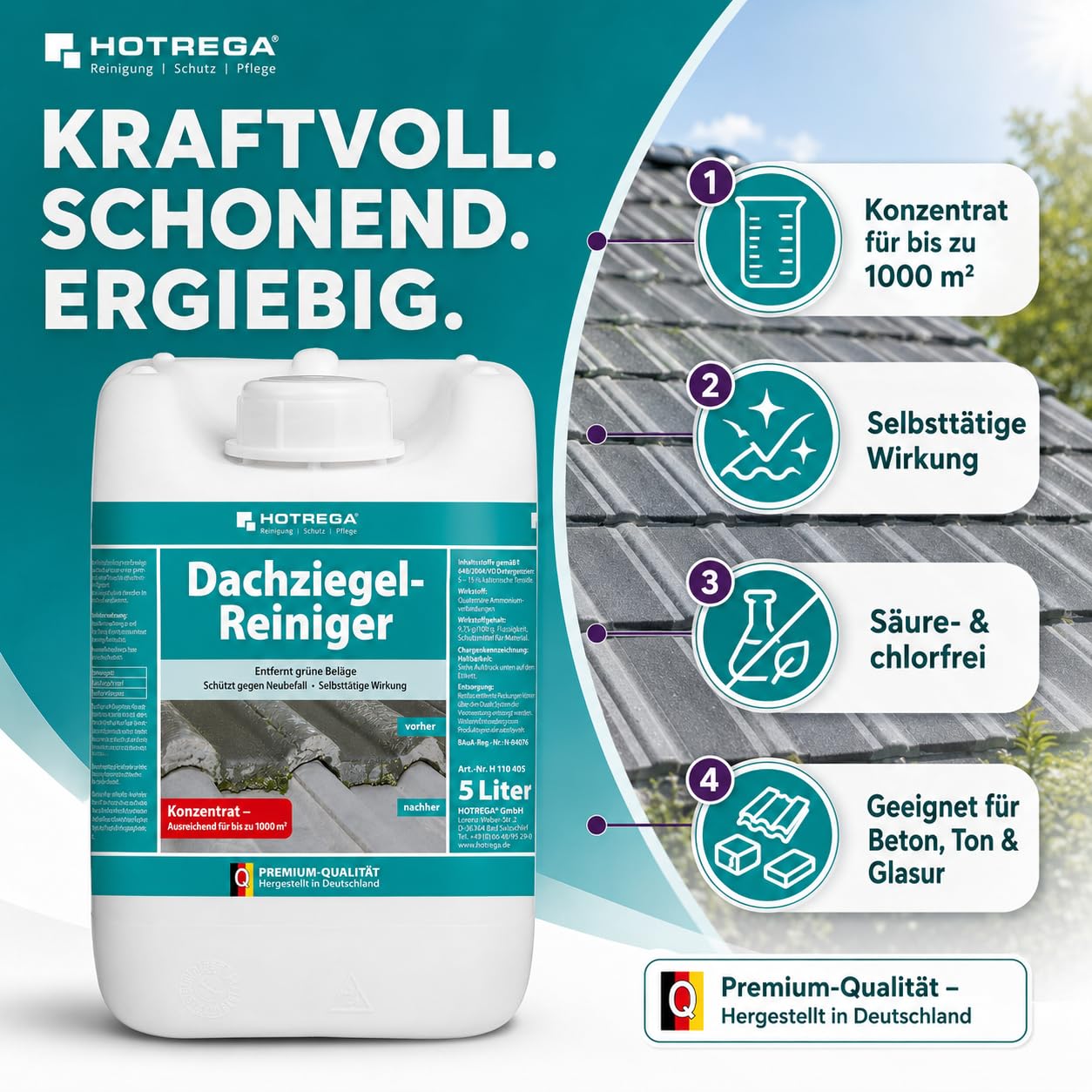 HOTREGA Dachziegel Reiniger Konzentrat 5 L | Gegen Algen & Moos | Chlorfrei | Selbsttätiger Grünbelagentferner | Reichweite bis 1000m² | Für Beton, Ton & Glasur | Schont Kupfer, Zink & Metallrinnen