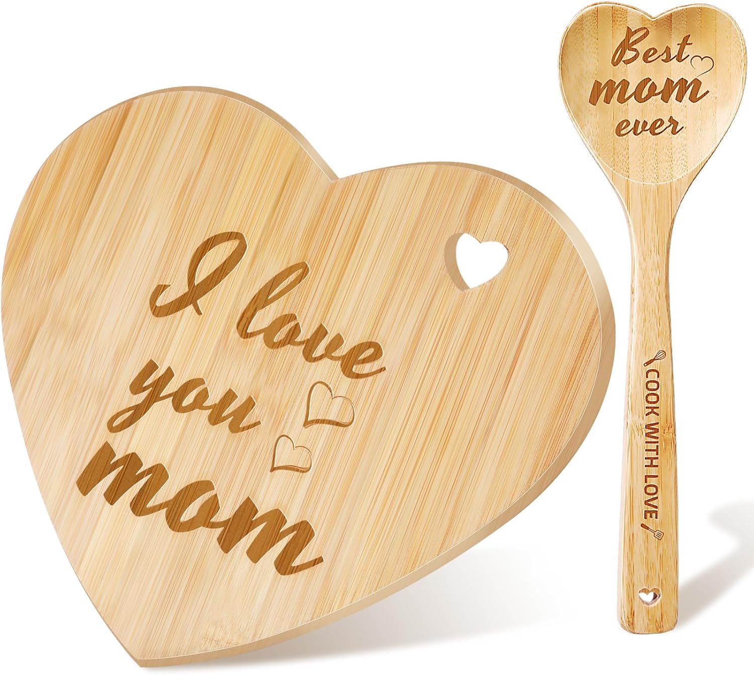 Heart Shaped Cutting Board with Heart Wooden Spoon for Mom Grandma Bamboo Bread Board Cheese Serving Platter Charcuterie Board for Birthday Mother's Day Christmas Gifts(Mom Style)