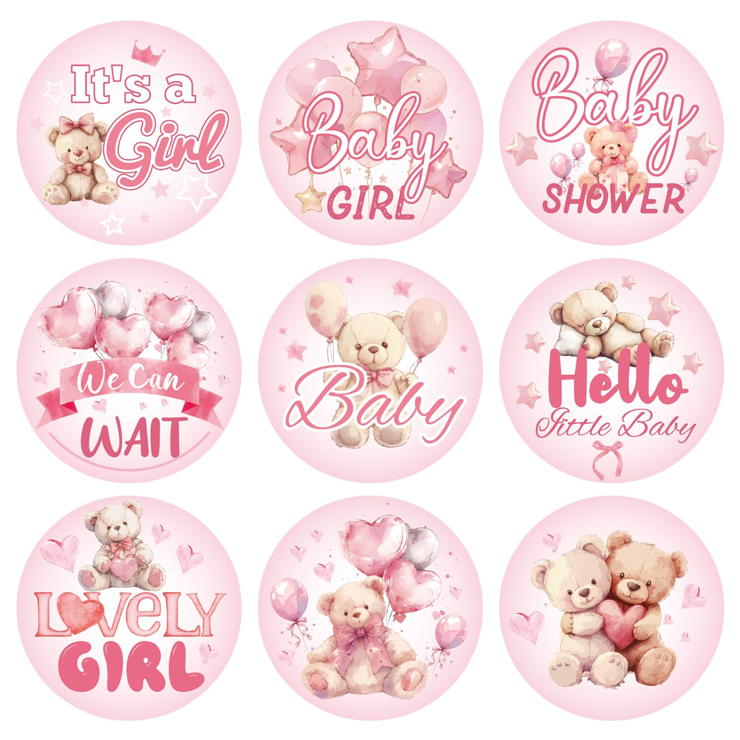 504pcs Girl Baby Shower Stickers for Favors, Pink Sweet It's A Girl Baby Stickers Round Baby Girl Labels for Chocolate Candy Gift Wrapping Scrapbooking Envelope Birthday Party (Bear)
