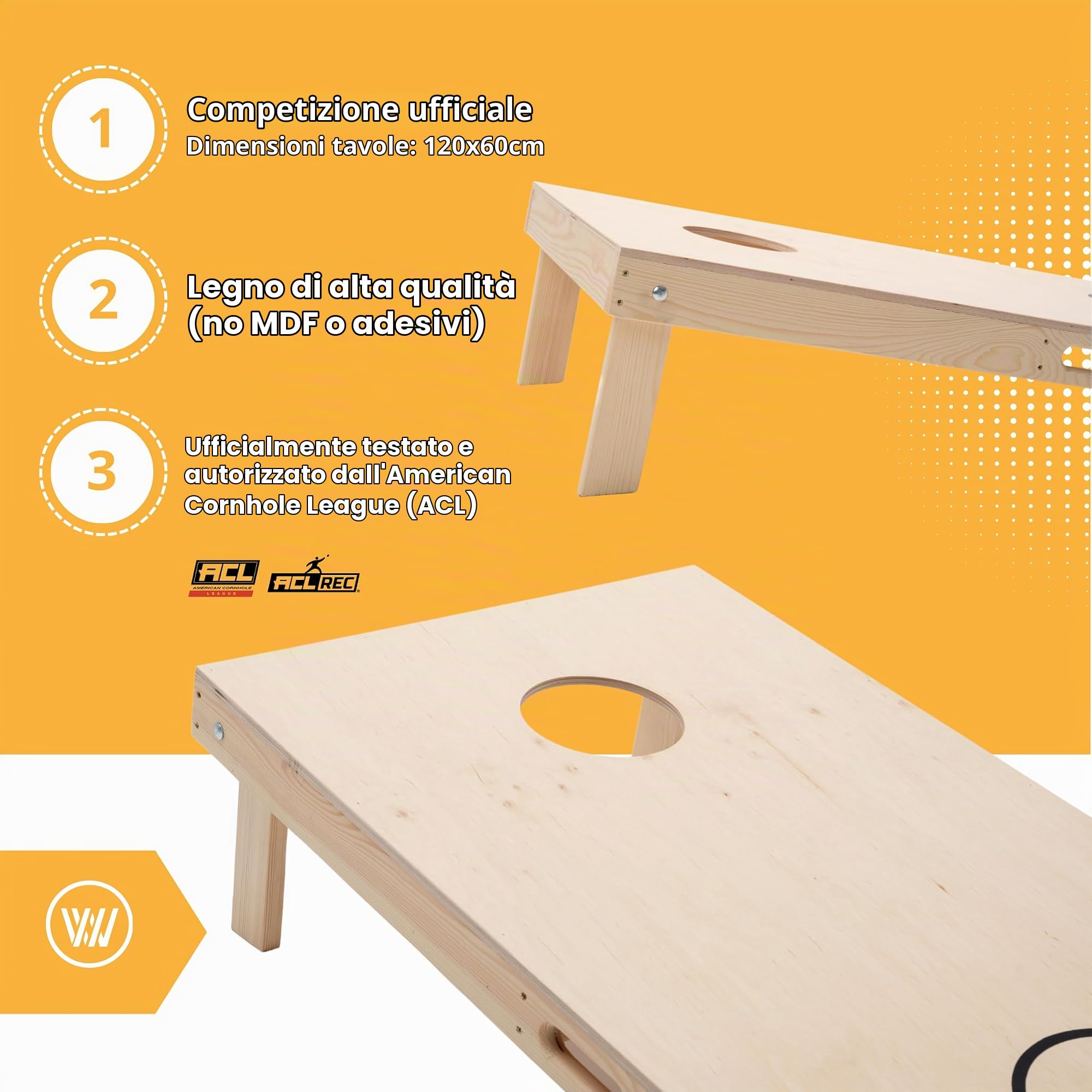 Wicked Wood Games Set ufficiale Cornhole 120 x 60 cm (4'x2') – Dimensioni concorrenza – Prodotto con licenza ACL – Include 2 tavole + 2 x 4 sacchetti (arancione e nero) – Stampa UV – Legno massello