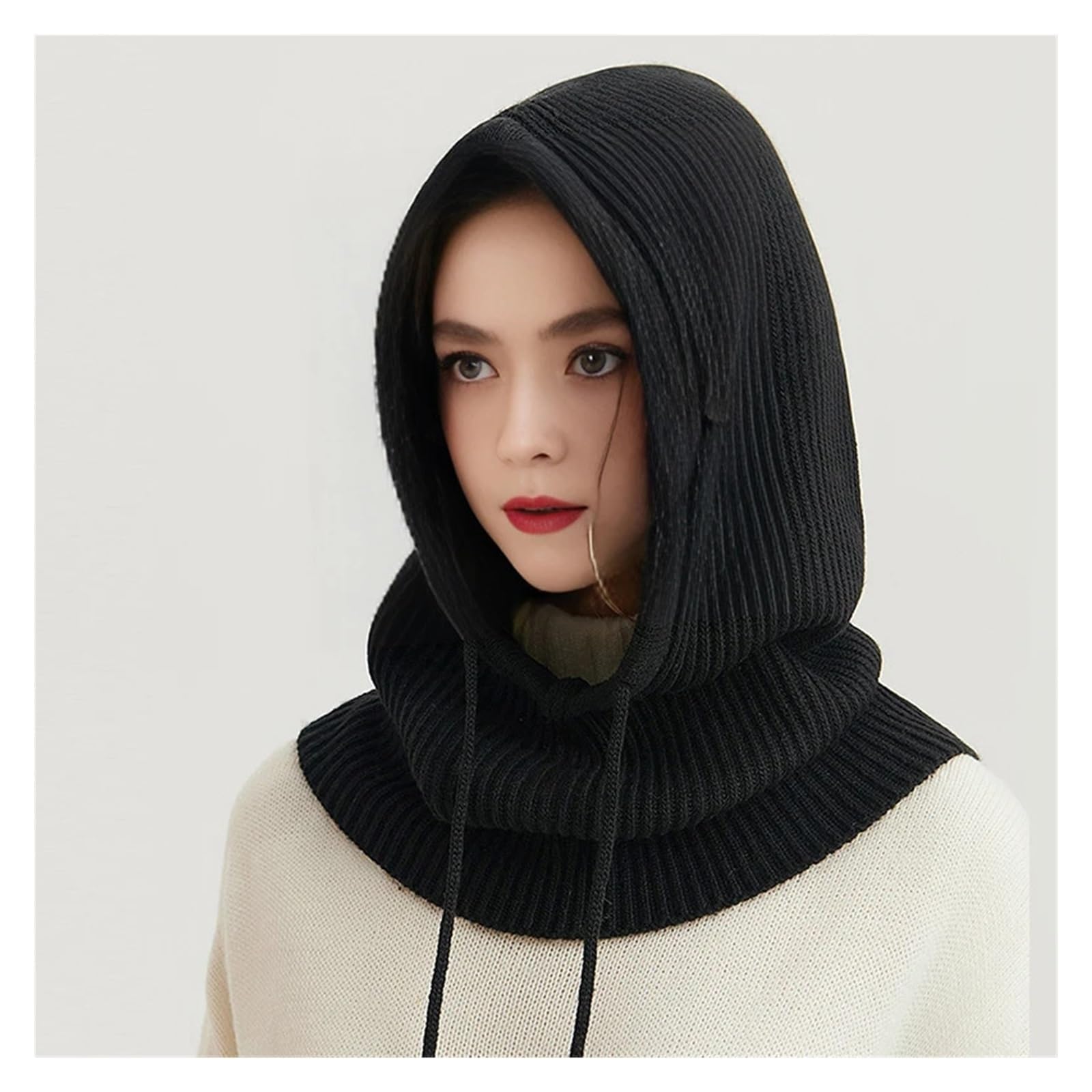 Gorro unisex de punto de lana para mujer, bufanda de cuello con capucha para invierno, con cordón para hombre