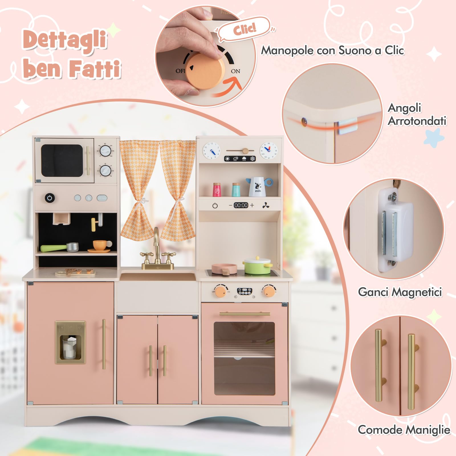 COSTWAY Set da Cucina per Bambini, Cucina Giocattolo in Legno con Microonde, Macchina del Caffè, Cucinetta Giocattolo con Tende, per Bambini 3+ Anni (Rosa)
