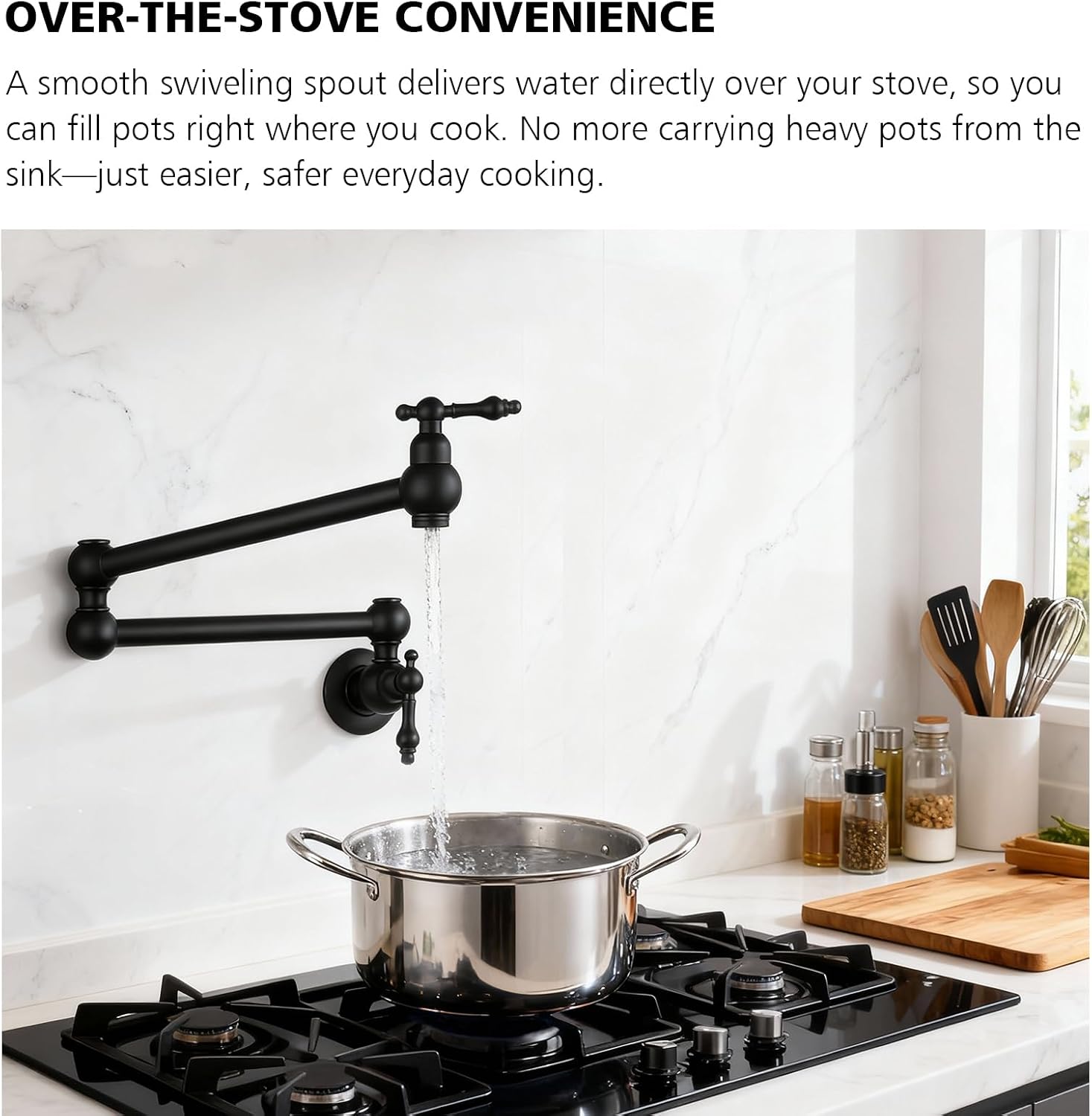 Pot Filler Faucet Wall Mount, Folding Swing Arm Over Stove Pot Filler with Double Joint Retractable Arm, Heavy Duty Brass 2 Handle Spot-Free Matte Black