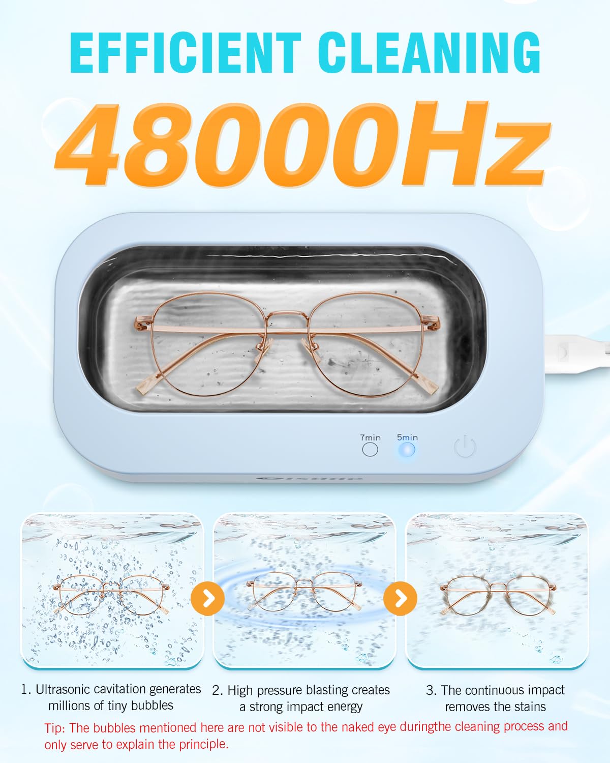 Jewelry Cleaner Light Blue, 12oz Ring Cleaner with 2 Modes, 48kHz Jewelry Cleaner Ultrasonic Machine for Ring, Retainer, Razor, Silver