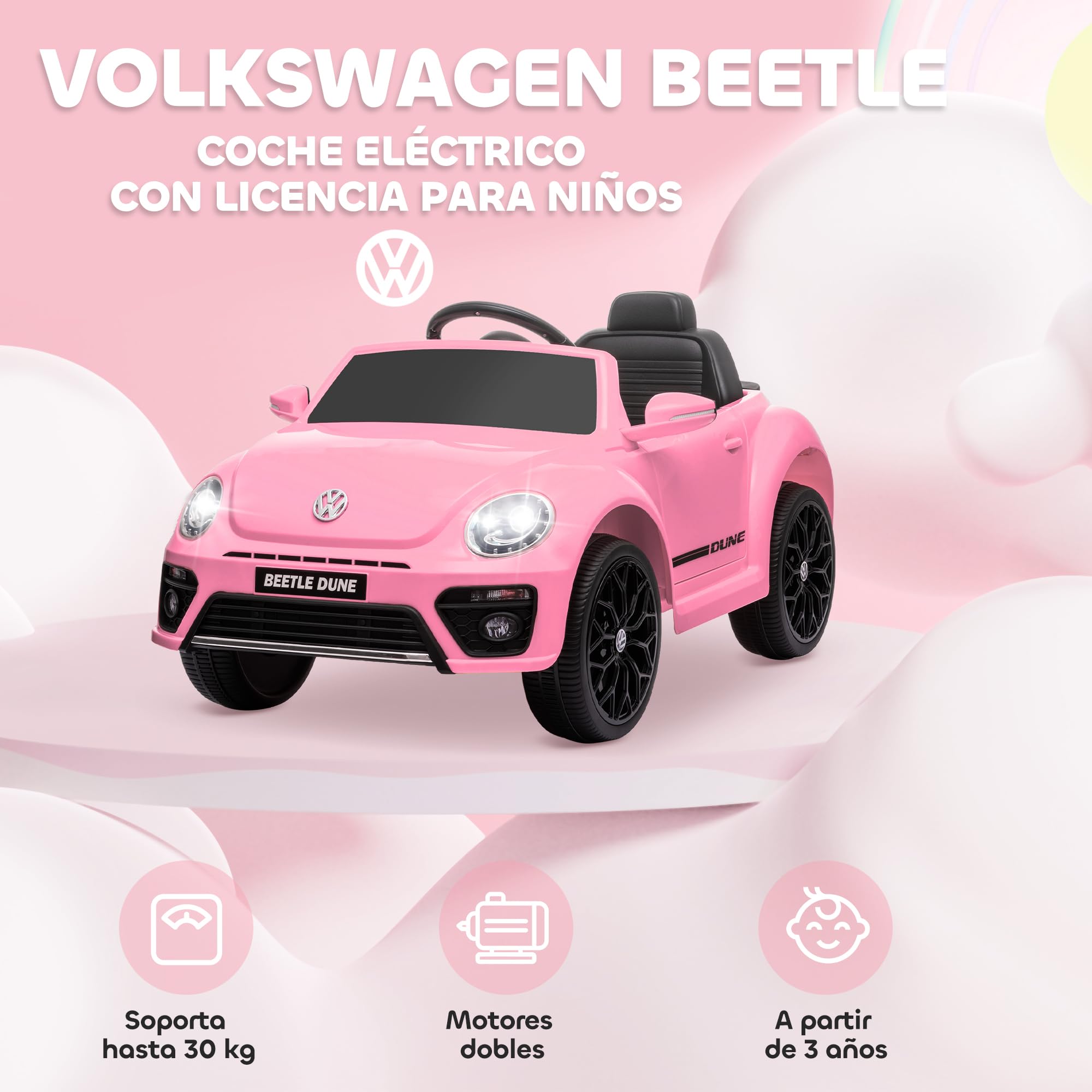 AIYAPLAY Coche Eléctrico para Niños de +3 Años Volkswagen Beetle 12V Rosa | Carro Eléctrico Infantil, Mando a Distancia, Faros, Bocina y Música