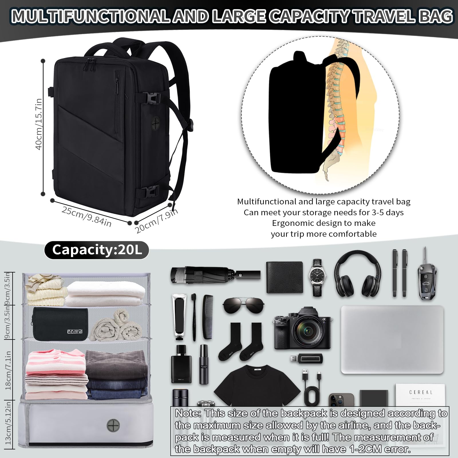 VOESLD Zaino da Viaggio per Ryanair 40x20x25, Organizer Zaino da Viaggio Aereo Bagaglio a Mano da Appendere Borse da Cabina Zaino Porta PC Nero Impermeabile, 20L
