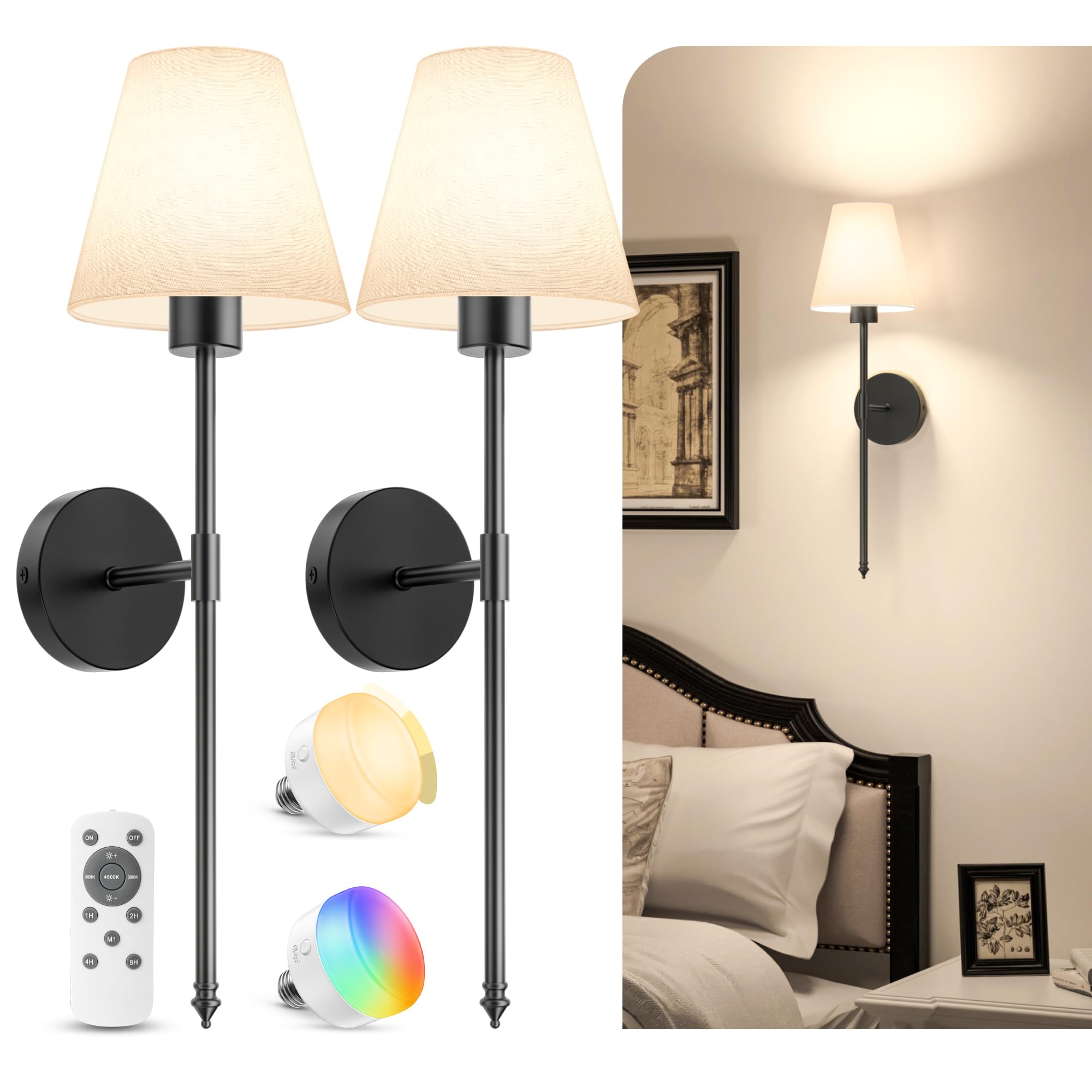 VOLISUN 60cm Rechargeable Wall Lights 2 Pack, 5200mAh Battery Powered LED Wall Lights with Remote Control, Dimmable 12 Color Wireless Wall Light for Living Room, Bedroom, Kitchen (Black)