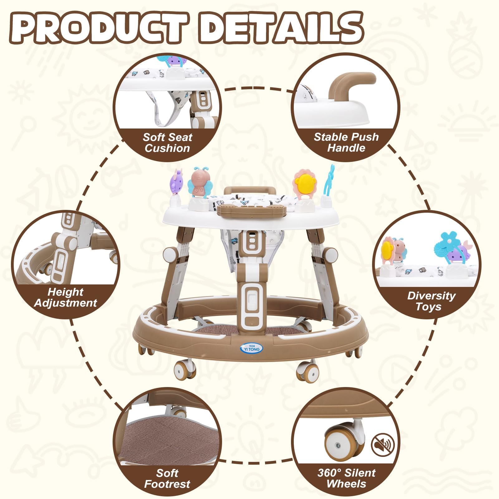 Baby Lauflernhilfe 5in1 mit Musikspielzeug, Fußstütze, 360-Grad-Stummschaltung, 6 Räder, 360° Rotating Seat Baby Lauflernhilfen, zur Faltbar, für Babys ab 6 Monaten Geeignet,Braun