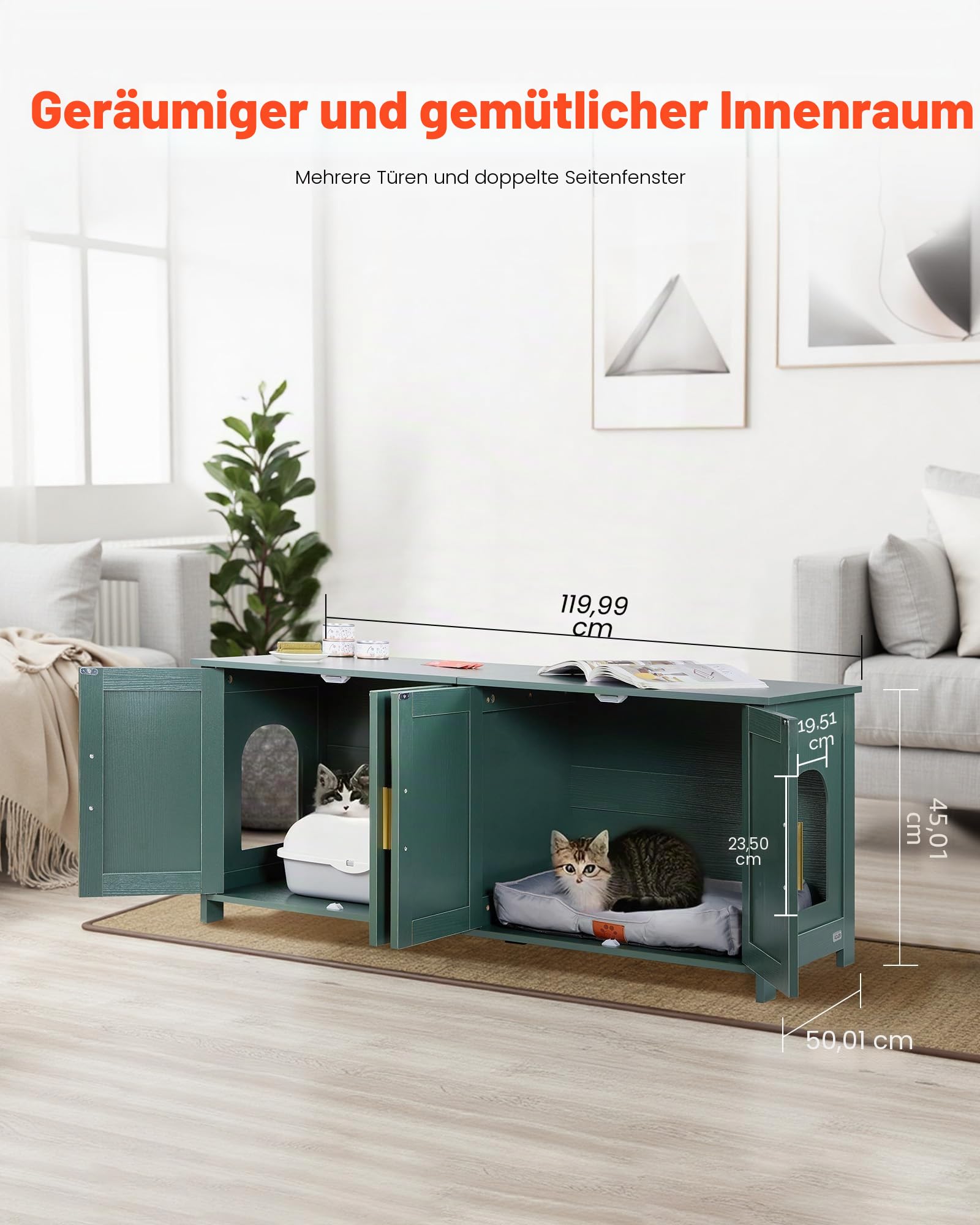 VEVOR Katzenschrank, 1200x450x500 mm, Katzentoilette mit 4 Rattantüren & 2 Eingängen, Katzenklo Schrank für den Innenbereich, Katzenhaus passend für die meisten Katzentoiletten, grün