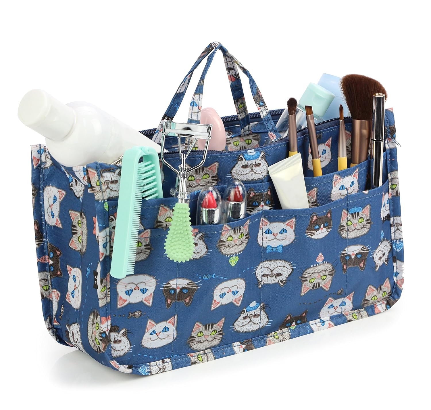 Cosmetic Bag for Women Cute Printing 14 Pockets Expandable Makeup Organizer Purse with Handles (Cat)