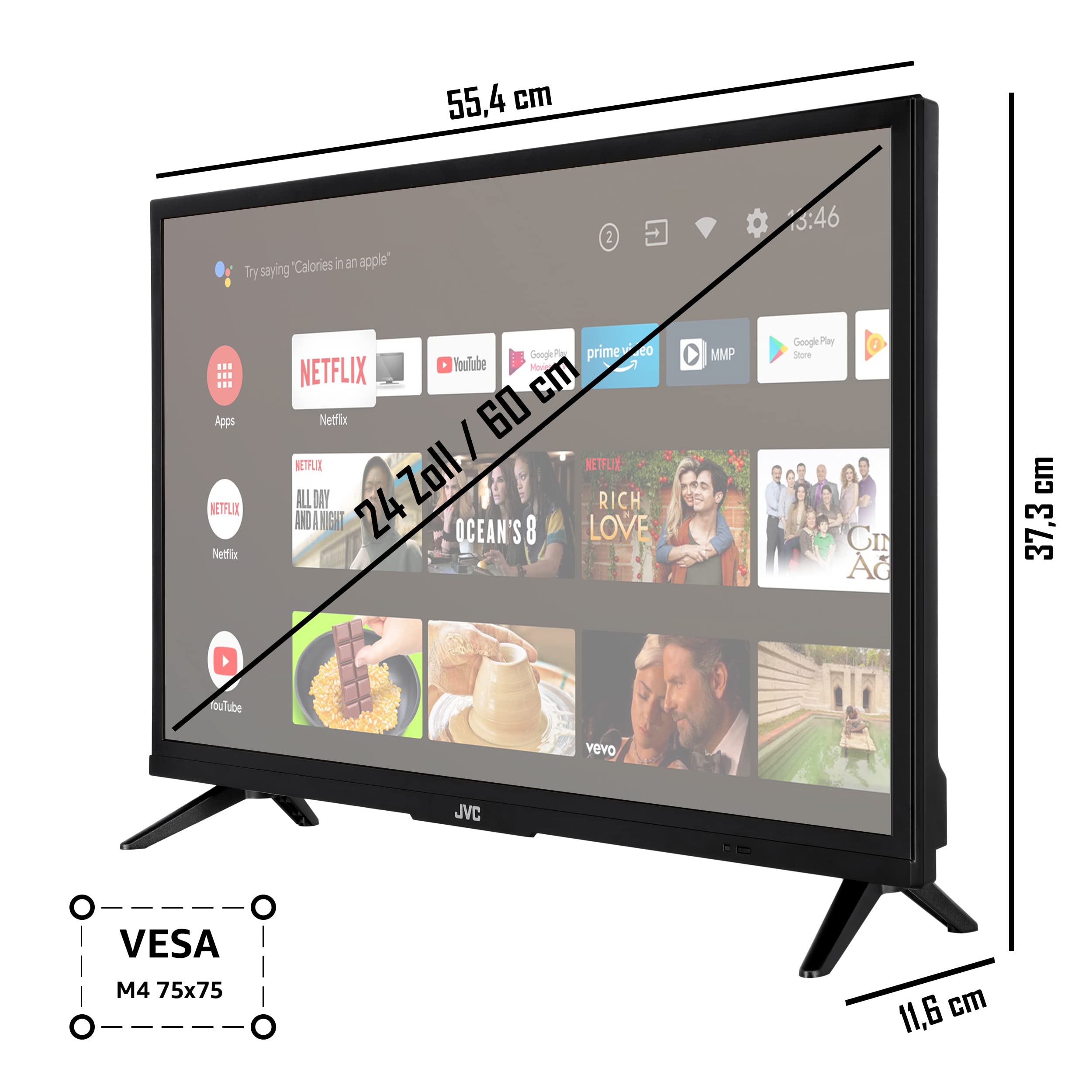 JVC LT-24VAH3255 TV/Android TV de 24 pulgadas (listo para HD, HDR, sintonizador triple, Smart TV, Bluetooth) [2023], negro