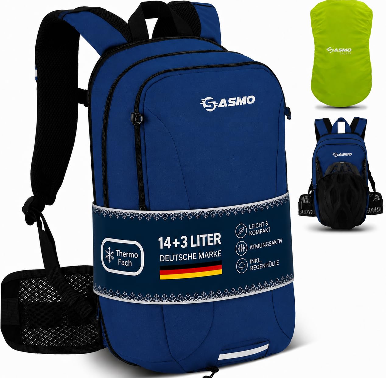 SASMO® Fahrradrucksack & Skirucksack 6L / 8L / 10+3L / 14+3L mit Thermofach, Helmnetz & Regenschutz | Ultraleicht - MTB Rucksack Herren & Damen | Kleiner Fahrradrucksack Herren & Damen