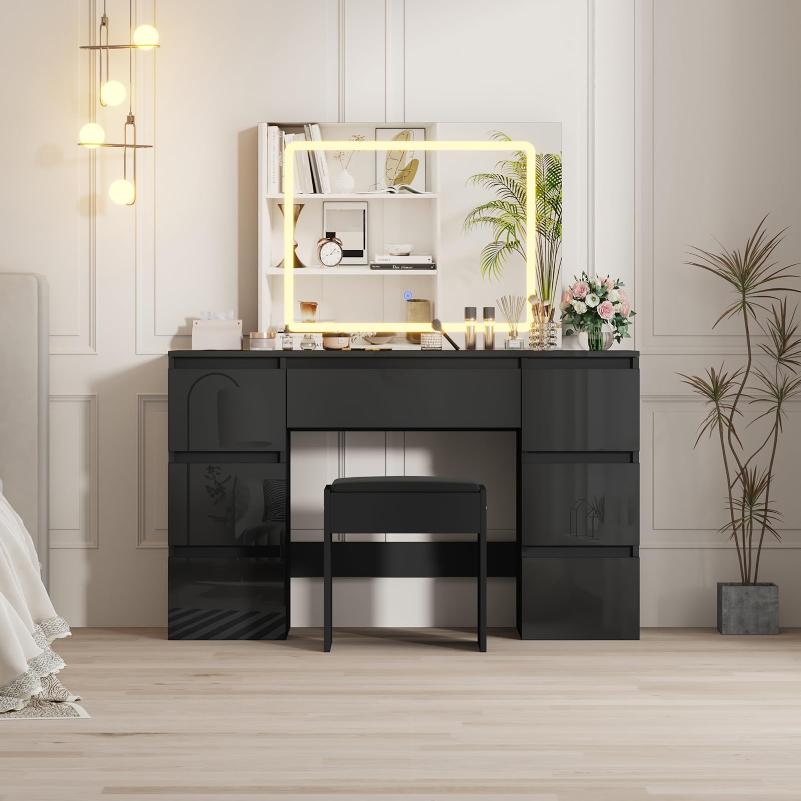 Mode Hochglanz Schminktisch mit Spiegel und Hocker, Frisiertisch mit LED Beleuchtung Licht, Damen und Mädchen 7 Schubladen Make-up Tisch Für Schlafzimmer, Kosmetikzimmer (Schwarz)
